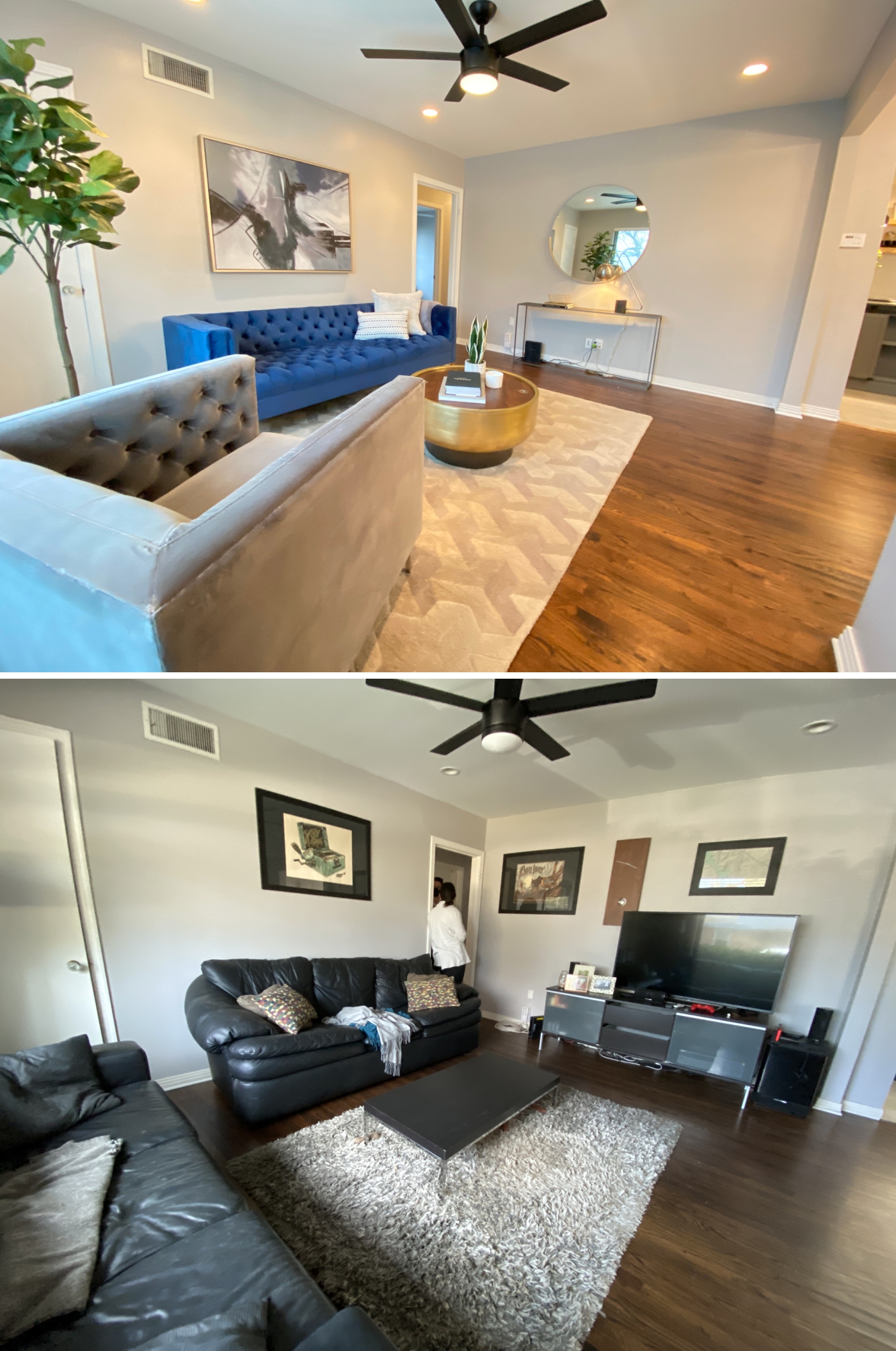 A before-and-after of a staged home in Lakewood, Texas. Leather couches became a blue velvet sofa. 
